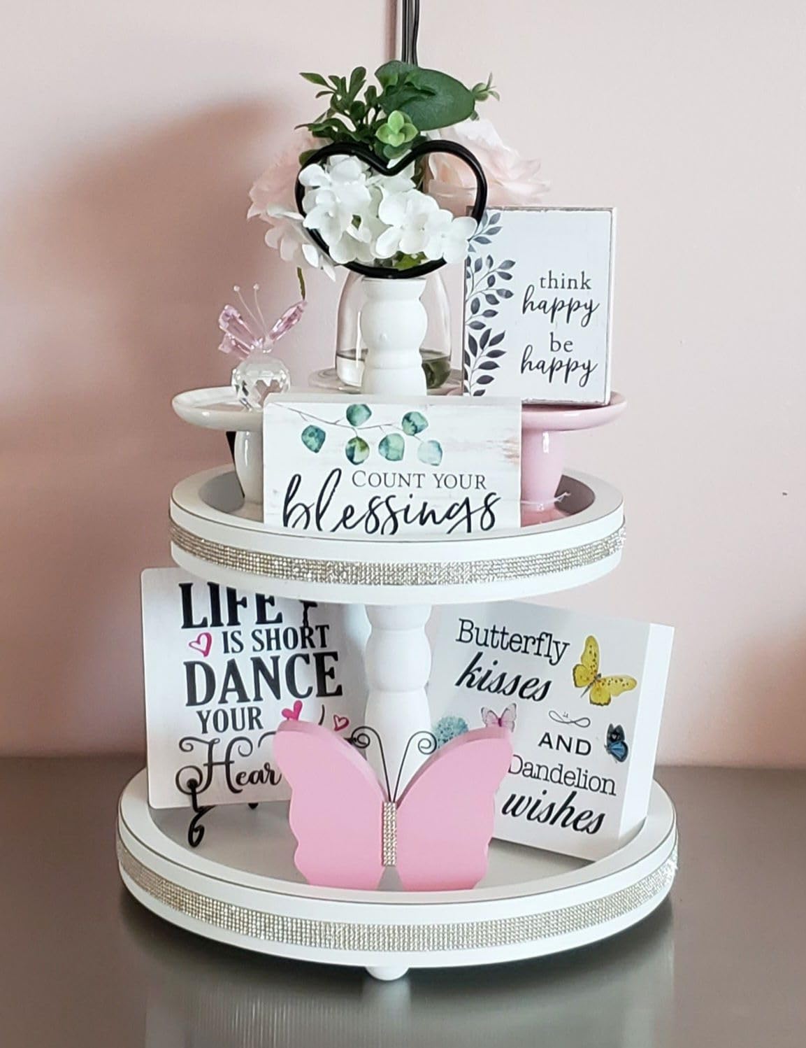2 Tiered Tray Stand Decor, White Tiered Tray Decor for Farmhouse, Coffee Bar, Weddings-Holiday (White)