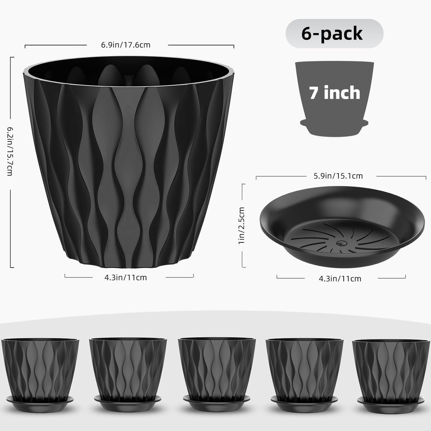GDJUQZ 6 Pack 7 Inch Indoor Plant Pots with Drainage Holes, Outdoor Plastic Decorative Flower Pots, Garden Planters with Tray Saucers for Orchids, Violets, Succulents, Herbs, and Other Plants