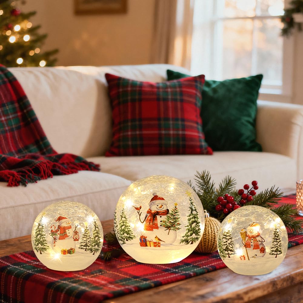 YEAHOME Christmas Decorations Indoor,Set of 3 Snowman Crackle Glass Ball with LED Lights Home Decor, Christmas Table Decorations Lighted Globes with Timer for Mantel Fireplace Tabletop
