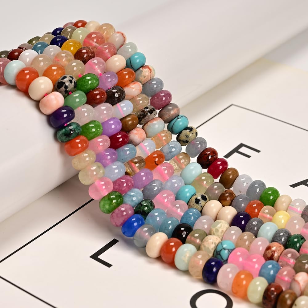 Land Long 98 Pcs 4x6mm Mixed Gemstone Bead Smooth Rondelle Stone Beads Beads for Jewelry Making Necklace Adults Bracelets