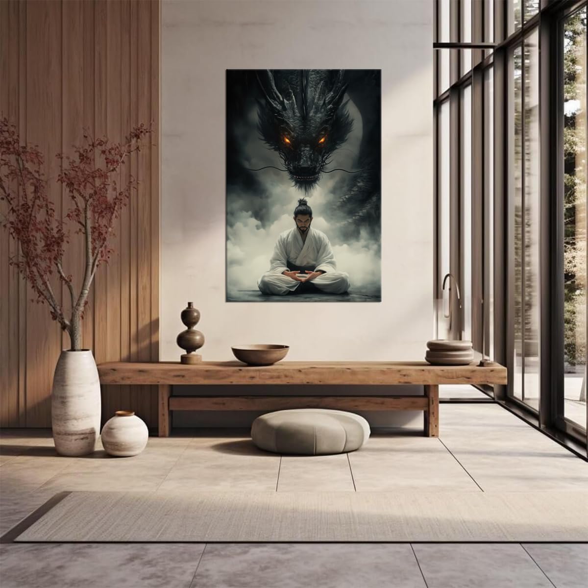 Meditating Samurai Black Dragon Wall Art Glowing Eyes Misty Japanese Warrior Canvas Print Oriental Dragon Zen Decor for Living Room Bedroom Home Office Ready to Hang-12x16 inch