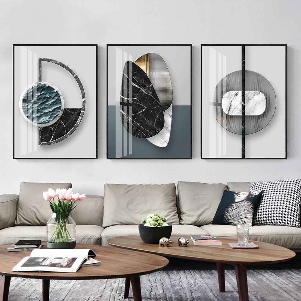 QKF Extra Large Frame Bright Geometry Abstract Canvas Wall Art Modern Home Living Room Bedroom Bathroom Wall Decor Poster & Prints Set of 3 Paintings 24"x 32" (Black Ash, 24" X 32" X 3 pieces)