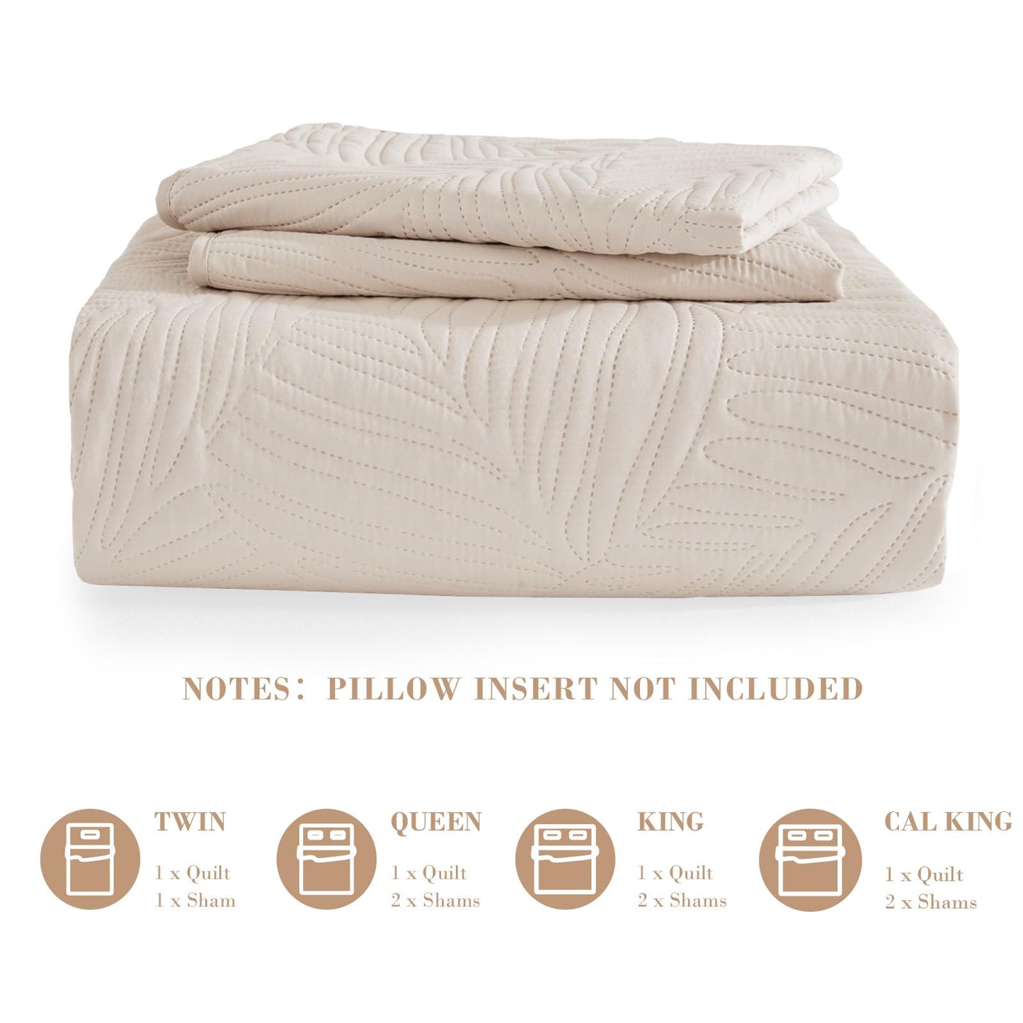 Exclusivo Mezcla King Size Quilt Bedding Set, Lightweight Brich Beige Quilts King Size for All Seasons, Soft Microfiber Bedspreads Coverlets Bed Cover with Leaf Pattern, 3 Piece
