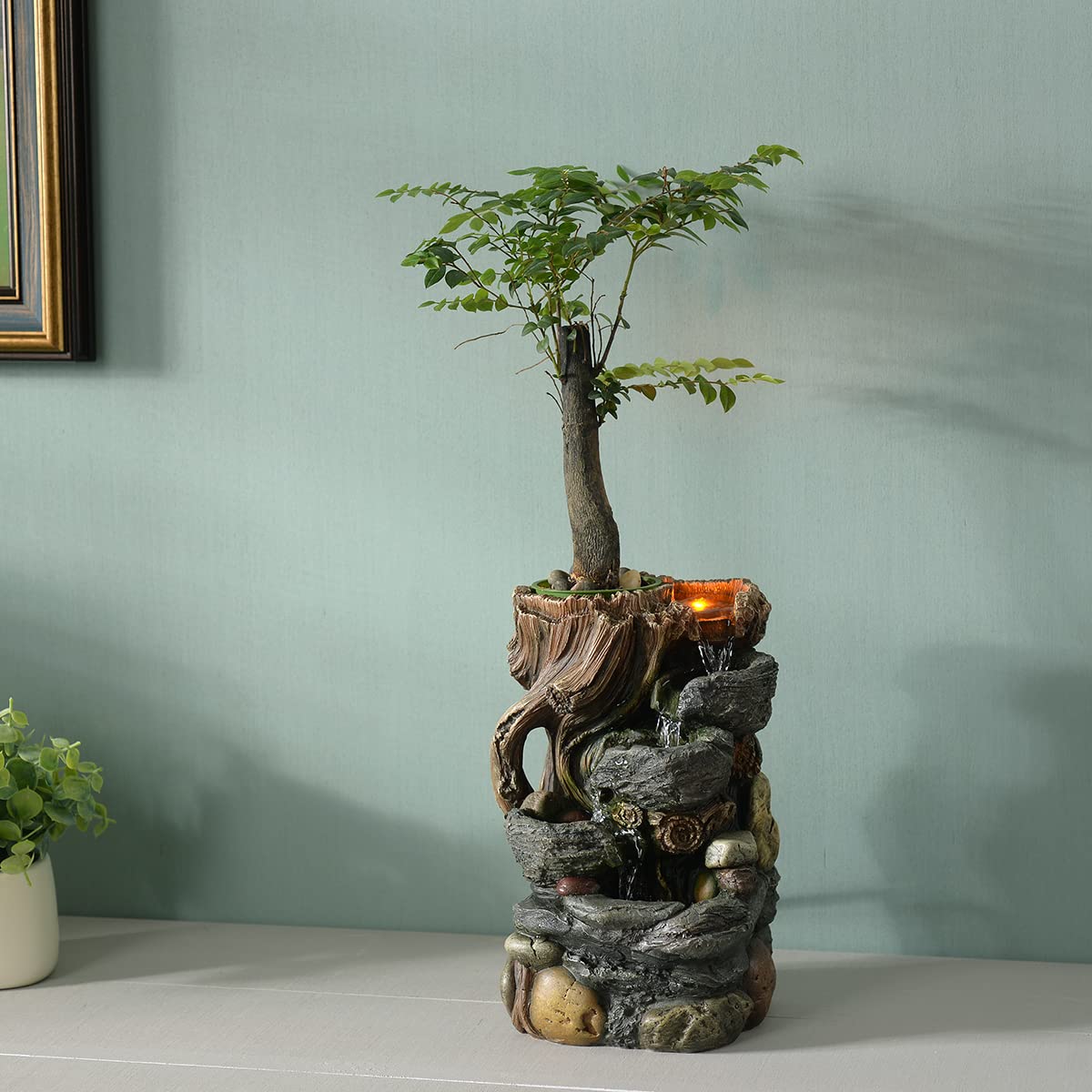 GOSSI Indoor 5-Tier Rockery Tabletop Waterfall Fountain with Auto Watering and Small Plastic Plant Pot, Decorative Home Water Fountain (22021)