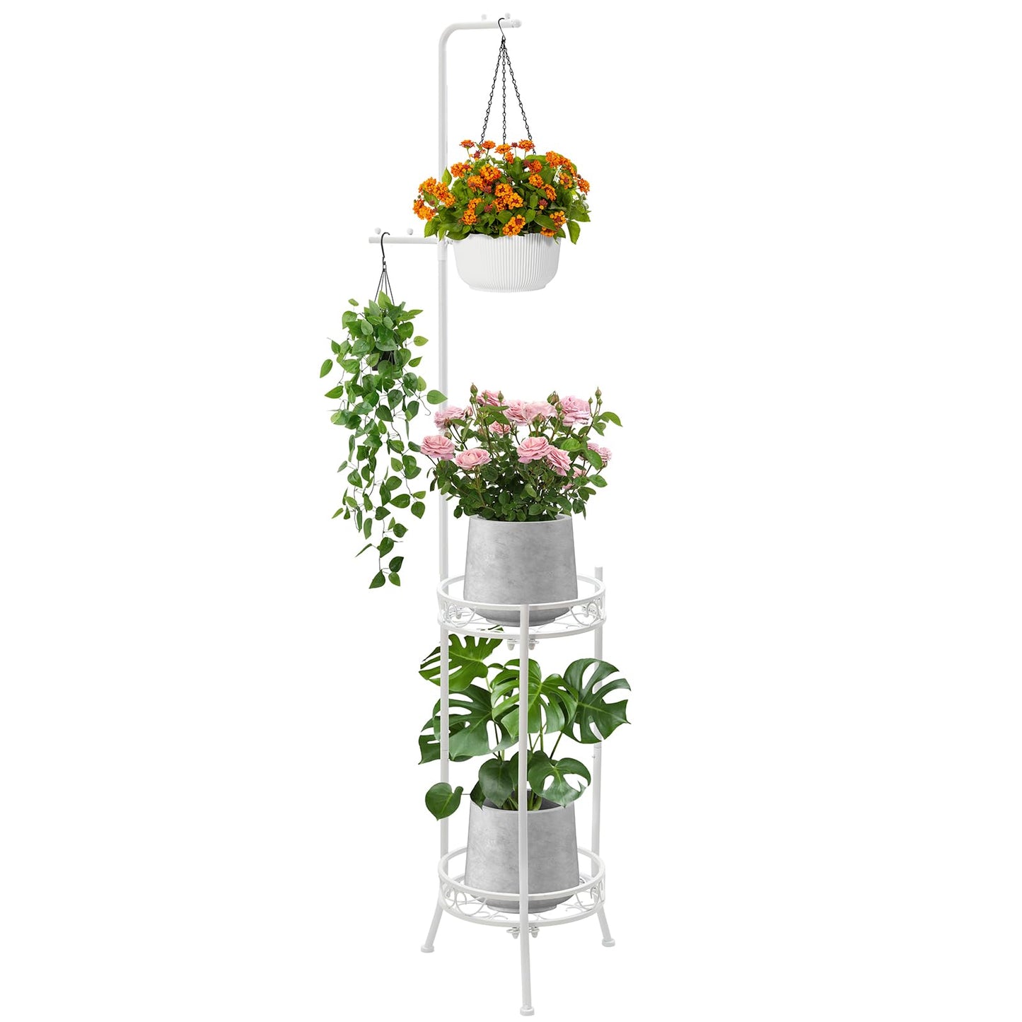 CZWL&HG Hanging Plant Stand Adjustable 2-Tier 72" Metal Shelf -Tall Indoor/Outdoor Plant Rack with Hangers for 4 Potted Flowers, Corner Shelf for Living Room & Patio (White)