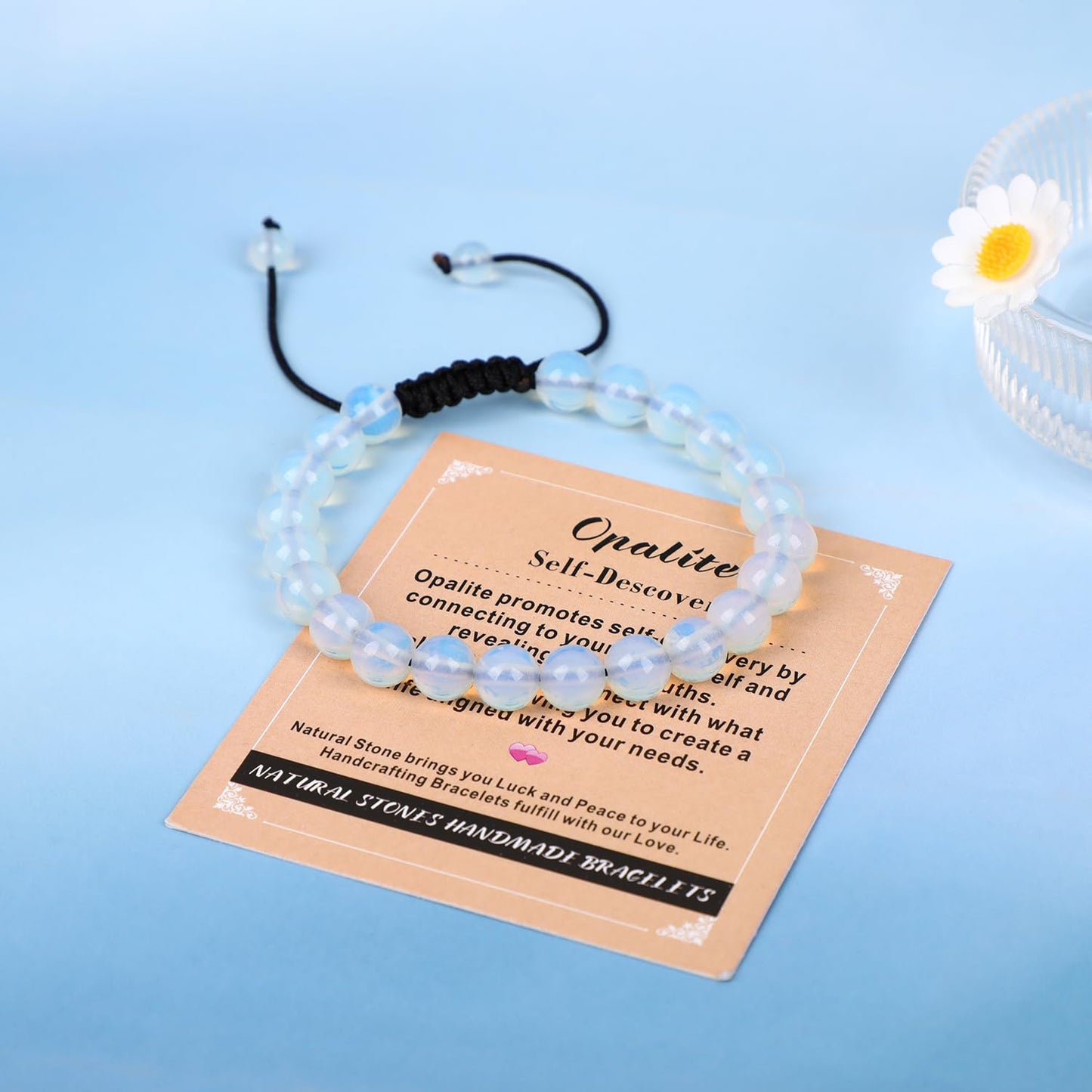 AD Beads 8mm Opalite - Self-Descovery - Handmade Natural Stone Crystal Bracelet with Adjustable Macrame String - Yoga Healing Power Energy Gifts for Men and Women