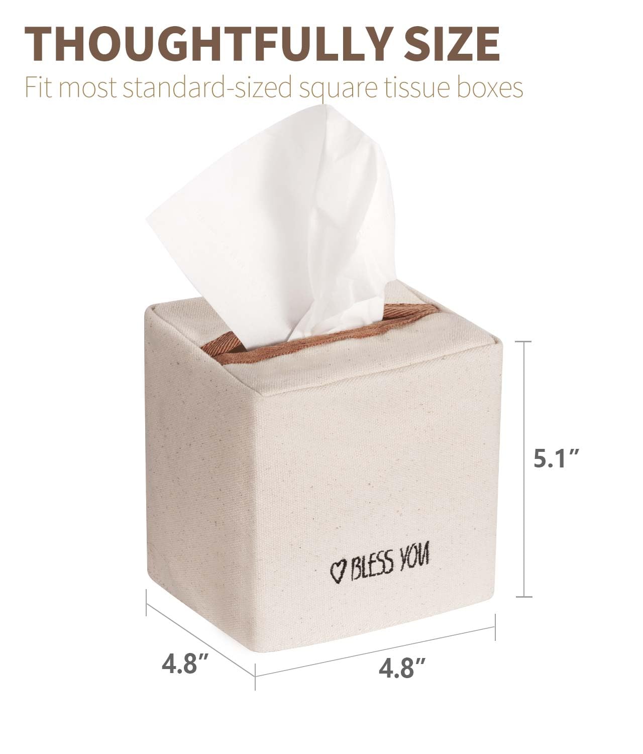 Livelab Tissue Box Cover Square, Chic Canvas Tissue Box Holder with Embroidery Text Decor, Stylish Tissue Case Facial Paper Cube Cover for Your Home, Officce and Bathroom | Ivory