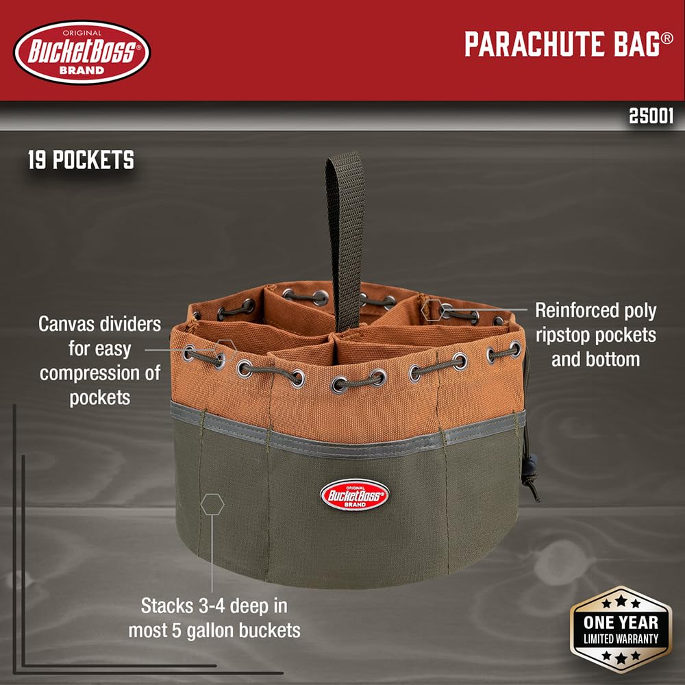 BucketBoss 25001 Canvas Organizer Parachute Bag with 19 Pockets for Nails,Screws, and Bolts in Brown