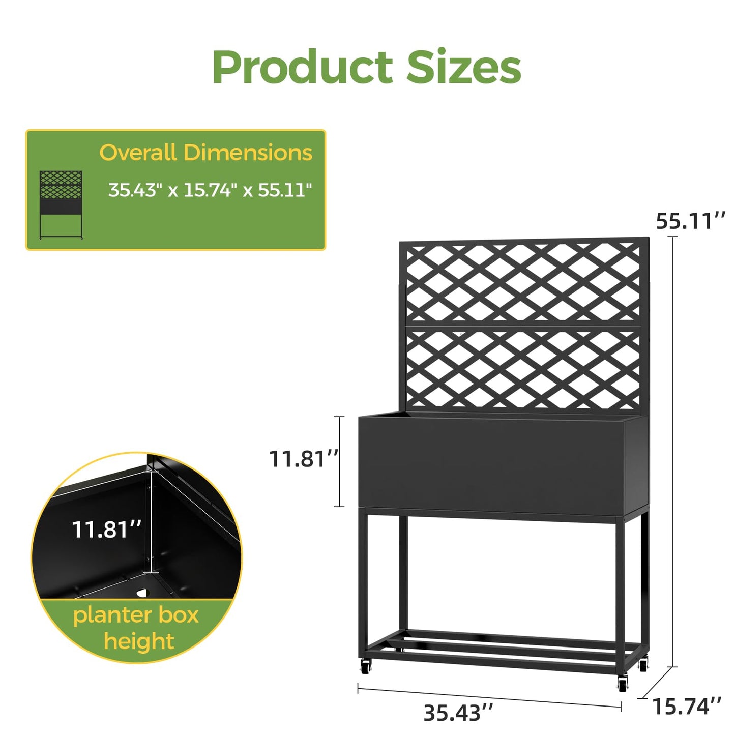 Diyfire Metal Planter Box with Trellis, 55"x35"x16"Metal Raised Garden Bed with Drainage Holes, Raised Garden Beds Outdoor, Privacy Planters Trellis for Climbing Plants, Patio,Garden, Wheels, Black