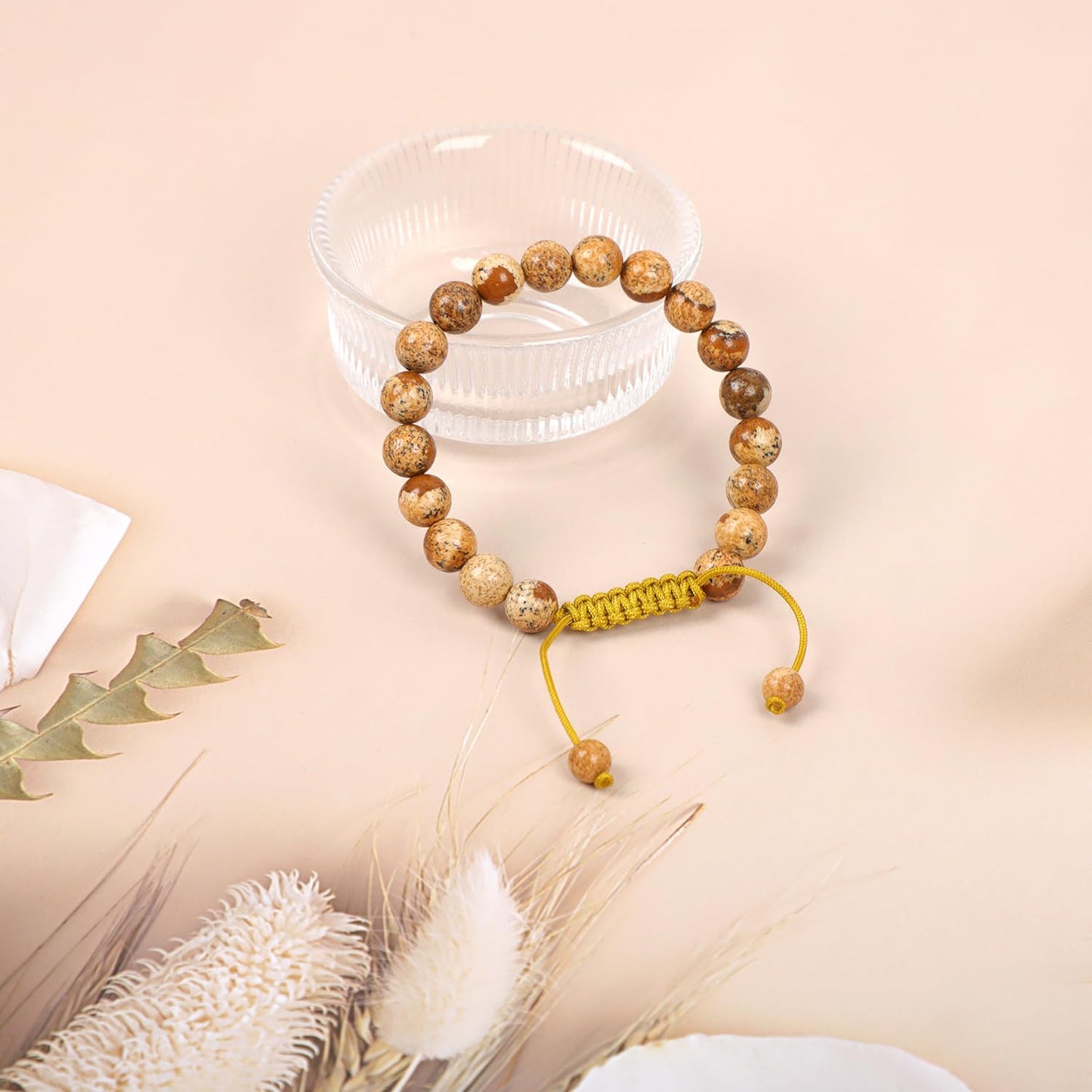 AD Beads Natural 8mm Gemstone Bracelets Healing Power Crystal Macrame Adjustable 7-9 Inch (Picture Jasper)