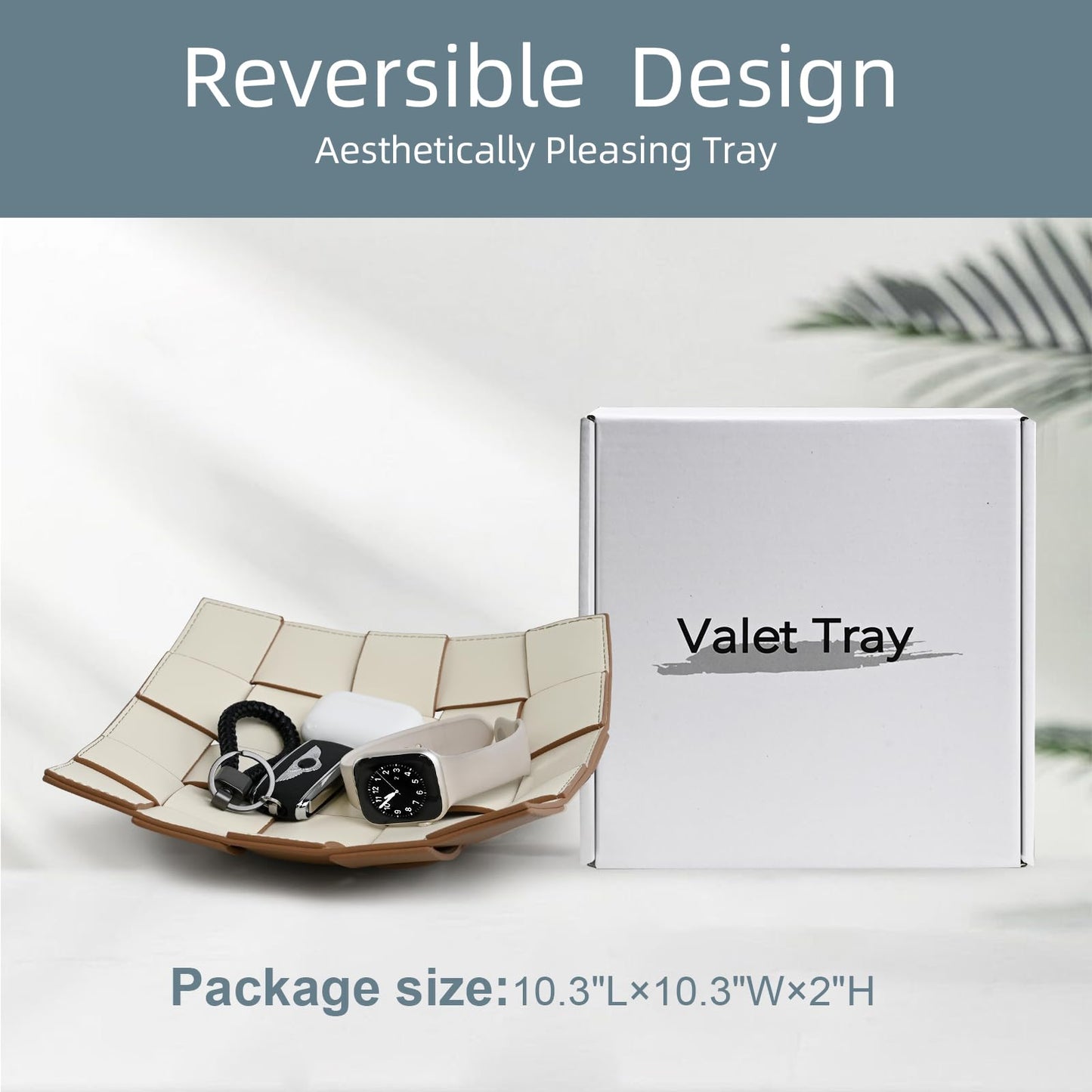 Valet Tray PU Leather Key Bowl for Men Women Entryway Table Nightstand Catchall EDC Dump Tray for Wallet, Keys, Jewelry Men's Gift - Coffee & White, 9.8" L x 9.8" W x 2" H
