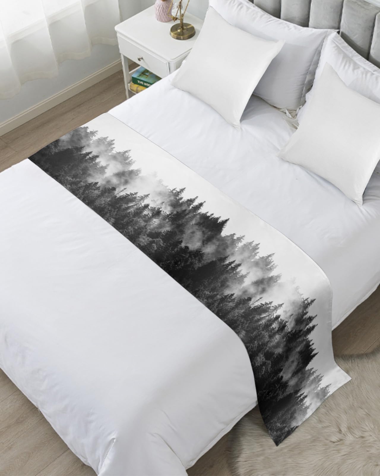 Black Forest Bed Runners for Queen Size Bed, Bed Throws for Foot of Bed, Black and White Natural Landscape Modern Abstract Art Bed Runner Sofa Throw Bedding Scarf Protector Slipcover for Bedroom