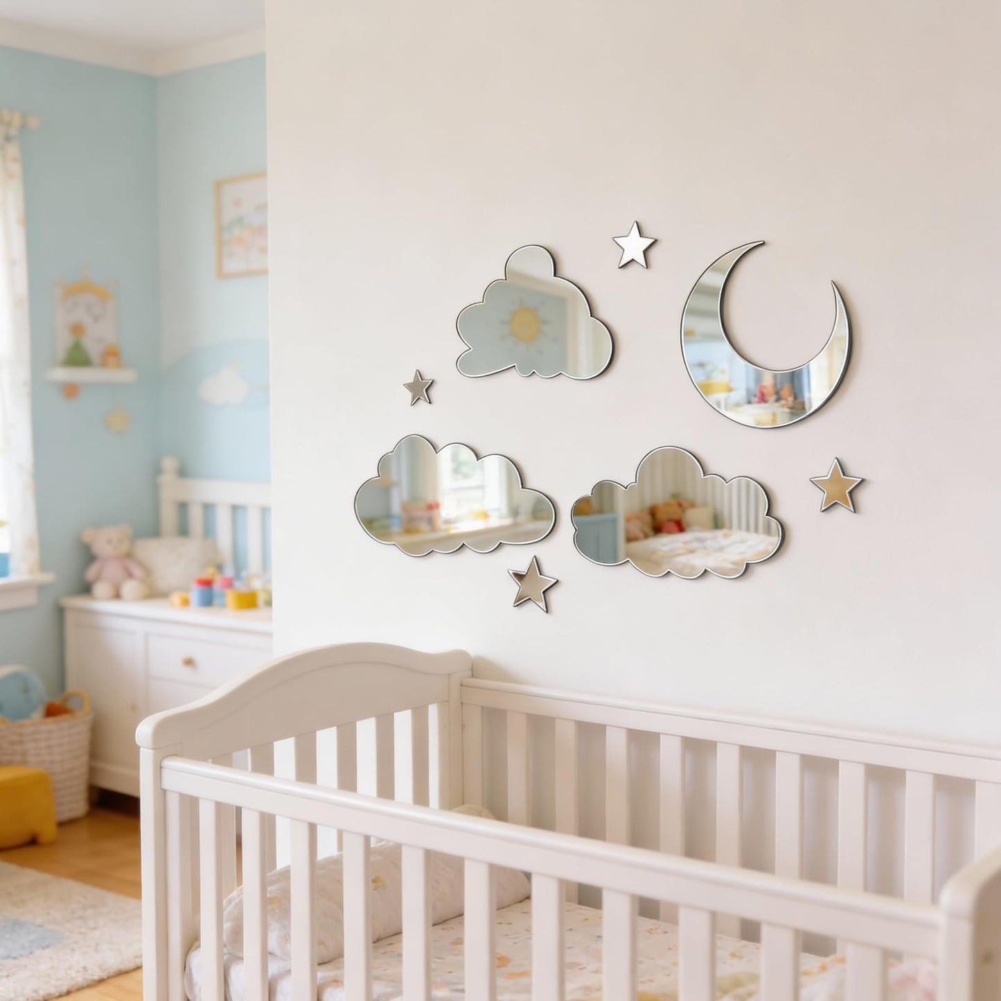 3D Moon Cloud Mirror Wall Decor Acrylic Mirror Stickers Self Adhesive Decorative Moon Star Cloud Wall Decals for Baby Kids Children's Living Room Bedroom Nursery Wall Decor