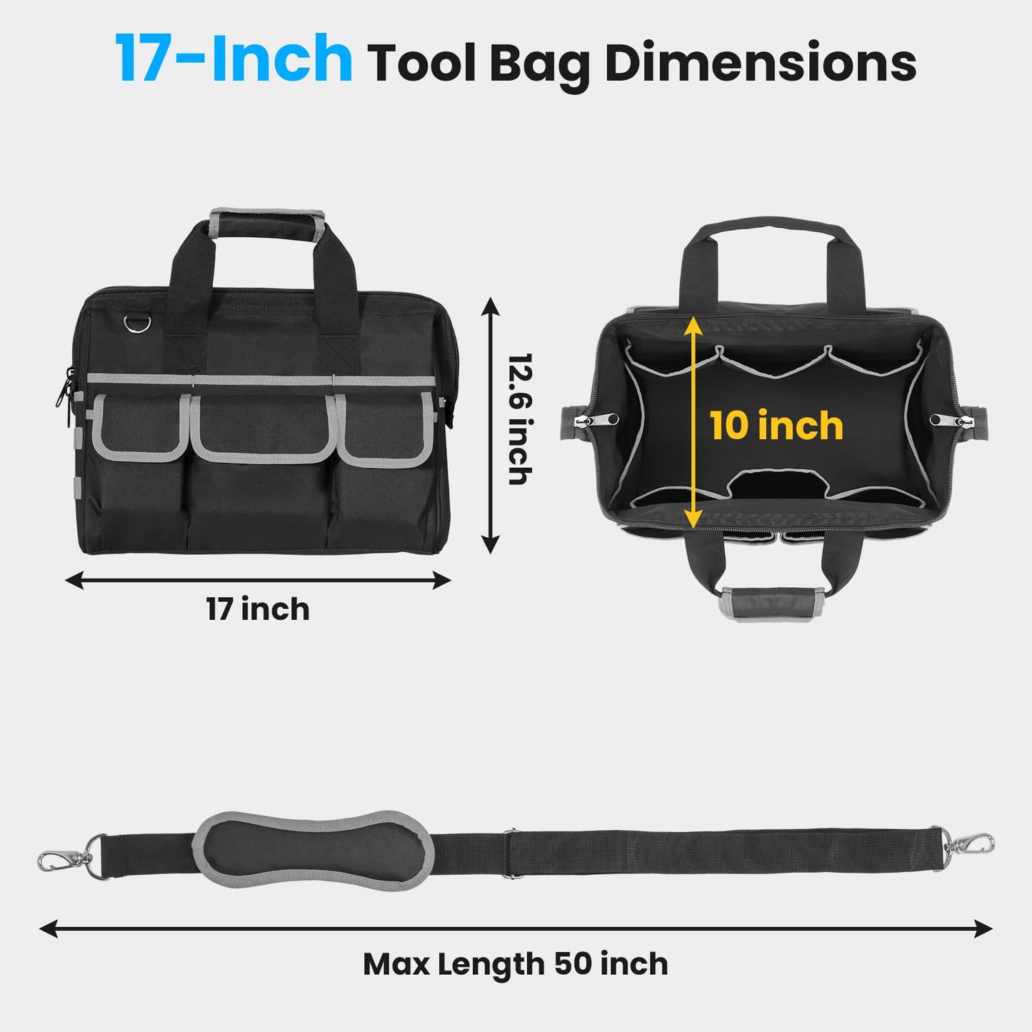 Heavy Duty Tool Bag, 17 Inch Tool Bags for Men with Multi-Pockets, Waterproof Tool Box Organizer Storage Bag with Adjustable Shoulder Strap, Soft Handle, Durable Zipper for Men, Dad (Black-Grey)