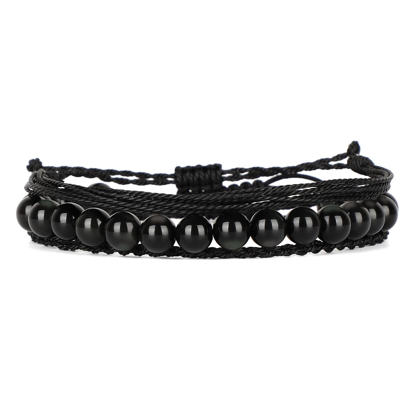 QOGIR Handmade Healing Stones Bracelet,8mm Natural Black Obsidian Gemstone Beads Bracelet,for Men Women Gifts with 2PCS Size Adjustable Rope Bracelets