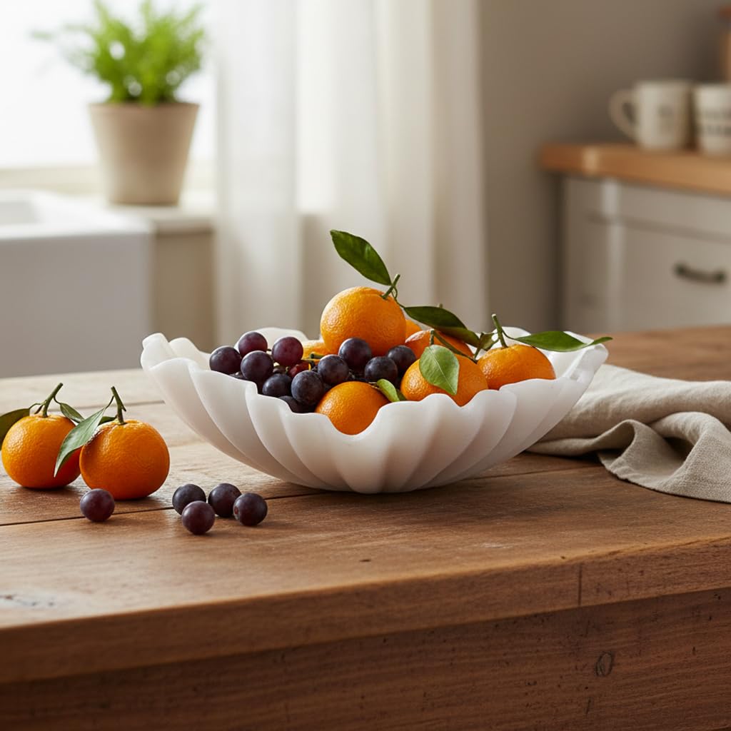CSjihua Scalloped Sandstone Resin Decorative Bowl - 11.7" Off-white Shell Shaped Catch All Bowl for Entryway Table, Jewelry, Keys, Fruits, Home & Office Centerpiece Decor