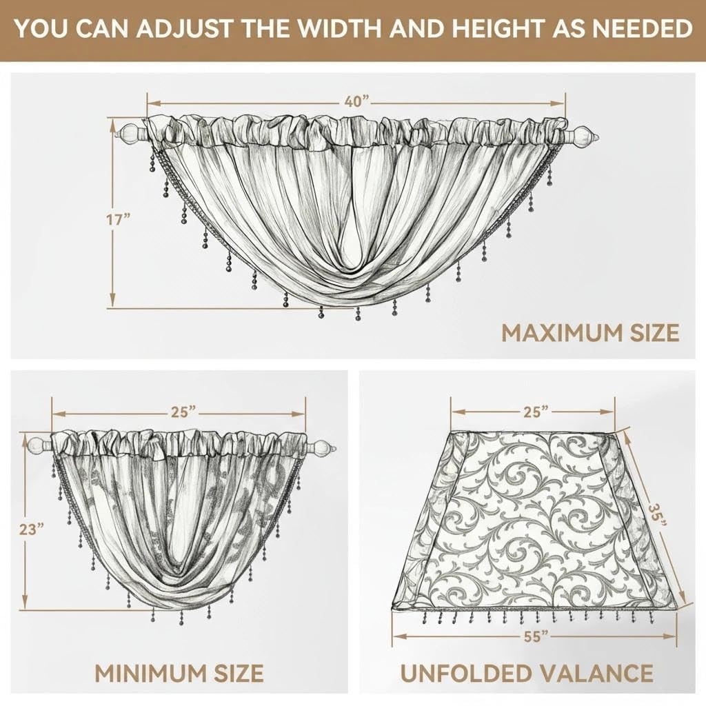 NAPEARL Swag Valance for Windows Tan Beige Organza Sheer Waterfall Curtain, Decorative Elegant Beaded Tassel Trim Rod Pocket Sheer Window Treatment for Bathroom, Kitchen, Small Windows