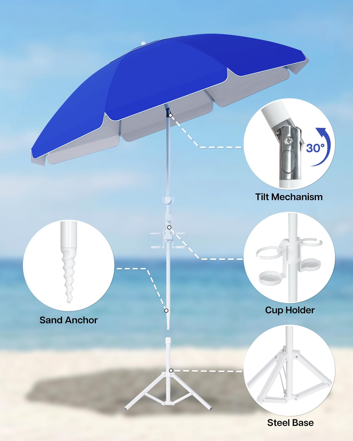 paramondo Portable Beach Umbrella with Cup Holder - 6.5FT Blue and White Striped Sun Umbrella, Adjustable Aluminum Alloy Pole, Windproof & UV Protection for Sand, Patio, and Backyard, Solid Blue