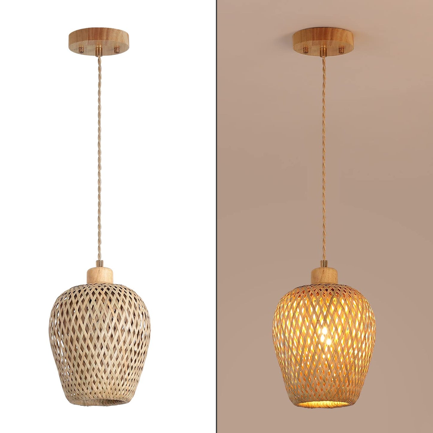 Hchunqjor Bamboo Pendant Light Fixture One-Light Adjustable Boho Basket Handmade Woven Mini Pendant Lighting for Kitchen Island Sink Farmhouse Home