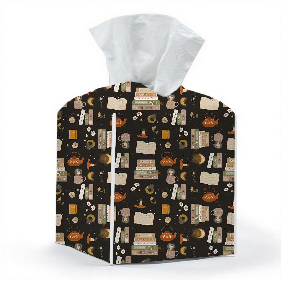Tissue Box Cover, Tissue Box Holder, Square with Belt Bottom, PU Leather Decorative Organizer for Desk, Tabletop, Countertop Bathroom, Toilet Car, Office, Dresser Bedside, Aesthetic Books Flower Decor