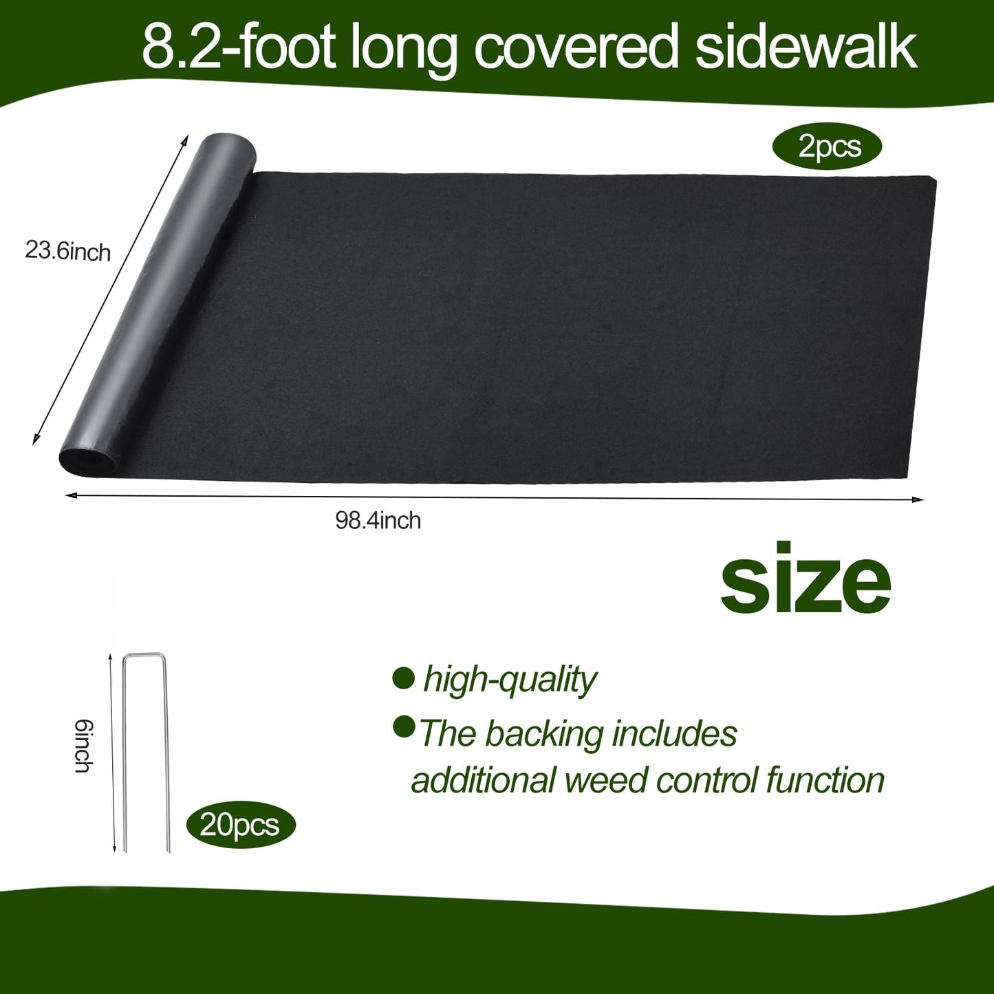2Pcs Recycled Felt Mulch Mat Roll for Landscaping 8.2'x2' Black Garden Pathway Reusable Fabric Walkway Mat Permanent Mulch Sturdy Bed Liner Edging Border for Plants Vegetables Flower Weed Barrier