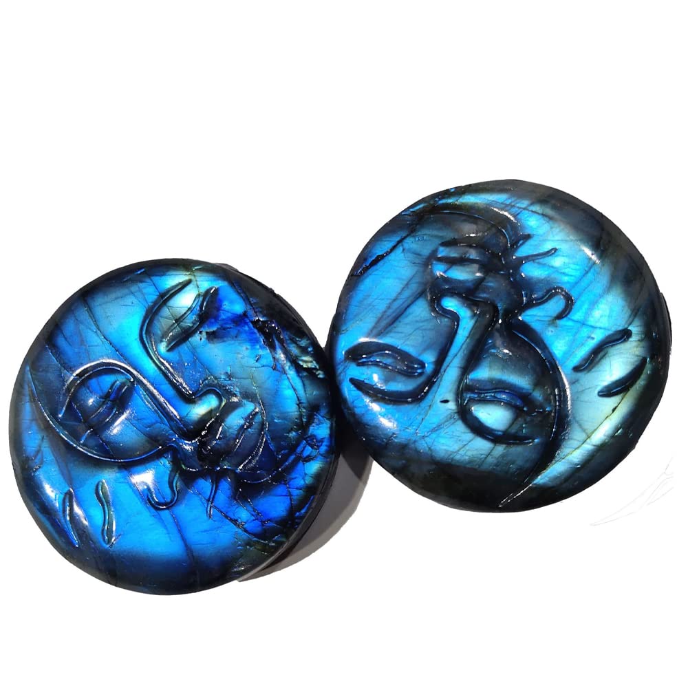 SaiDian 1Pcs Sun Moon Face Natural Labradorite Healing Sphere Stone Quartz Carved Crystal Ornaments Decor Reiki Minerals Meditation Home Decoration
