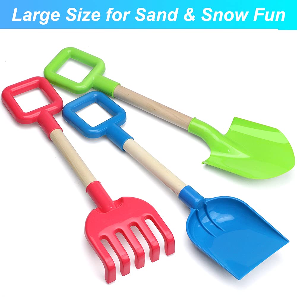Jumbo Beach Shovels Rake Spade Toys Set for Kids, 16" Long Wooden Handle ABS Plastic Sand Scoop, Planting Summer Winter Gift for Mud Sand Snow Digging, Backyard Gardening Tool Accessories, 3 Pack