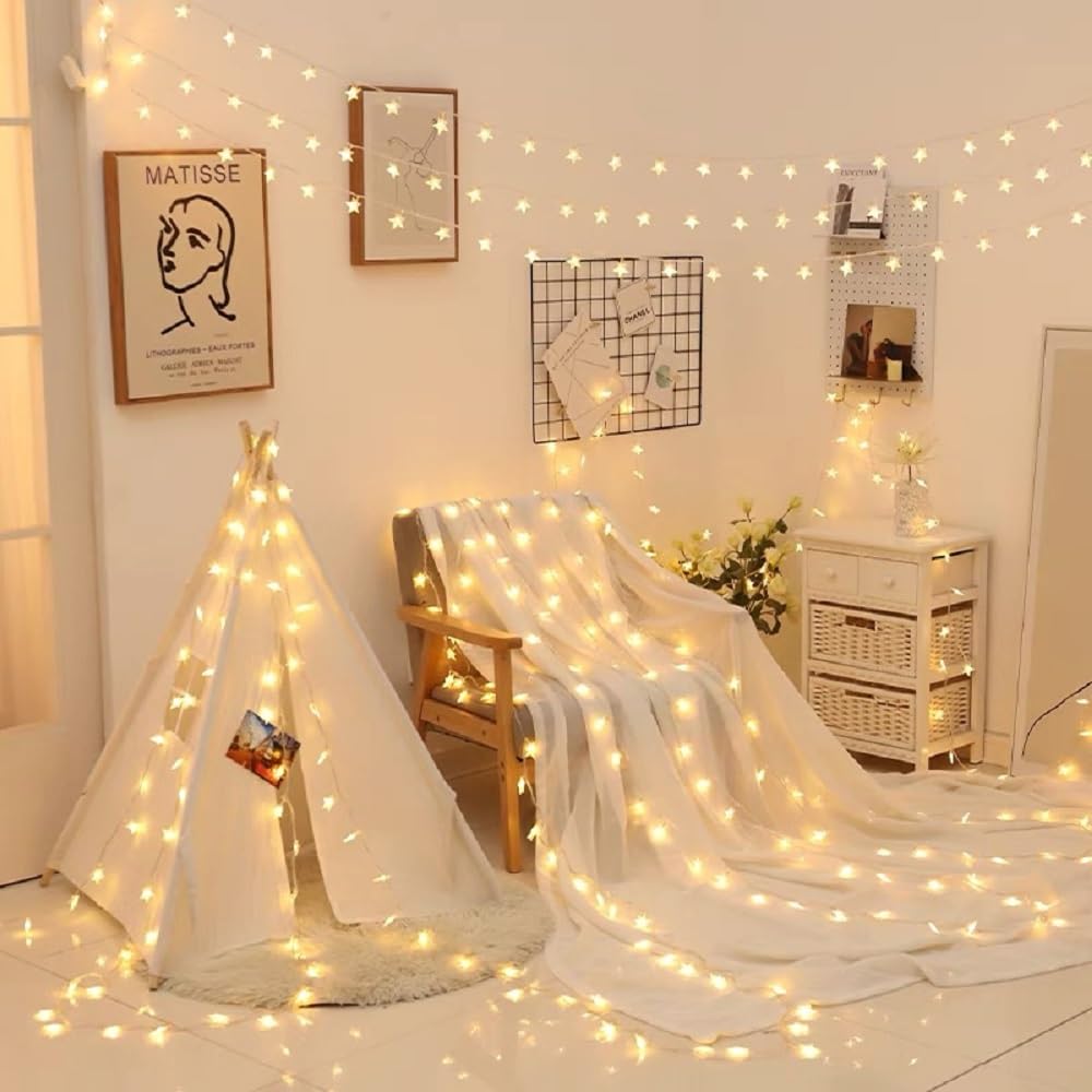 WFGGEH Star Plug in String Lights, 16ft 50 LED Plug in Star Warm White Fairy Lights for Birthday Party Holiday Christmas Home Decoration