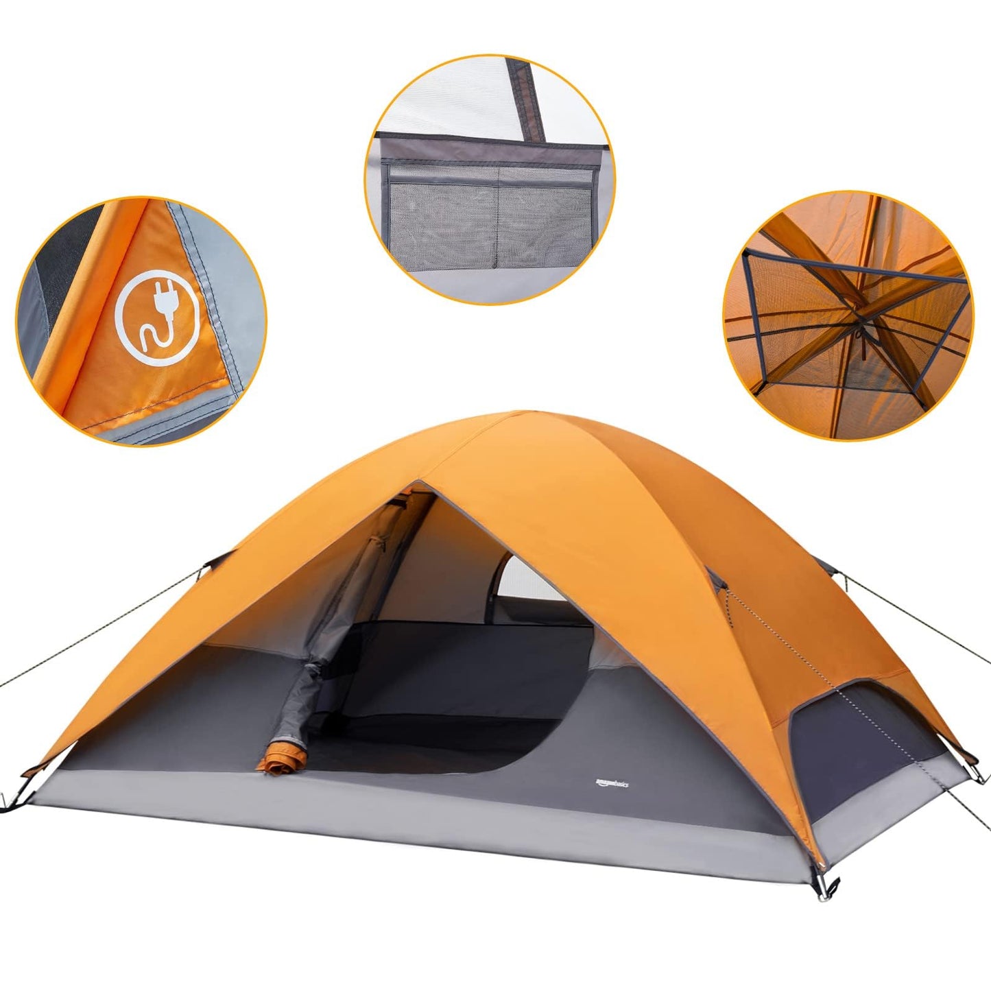 Amazon Basics 4-Person Camping Tent with Quick Setup, Spacious Interior, Ventilation Design, 3-Season Dome Design with Rainfly, Orange/Grey
