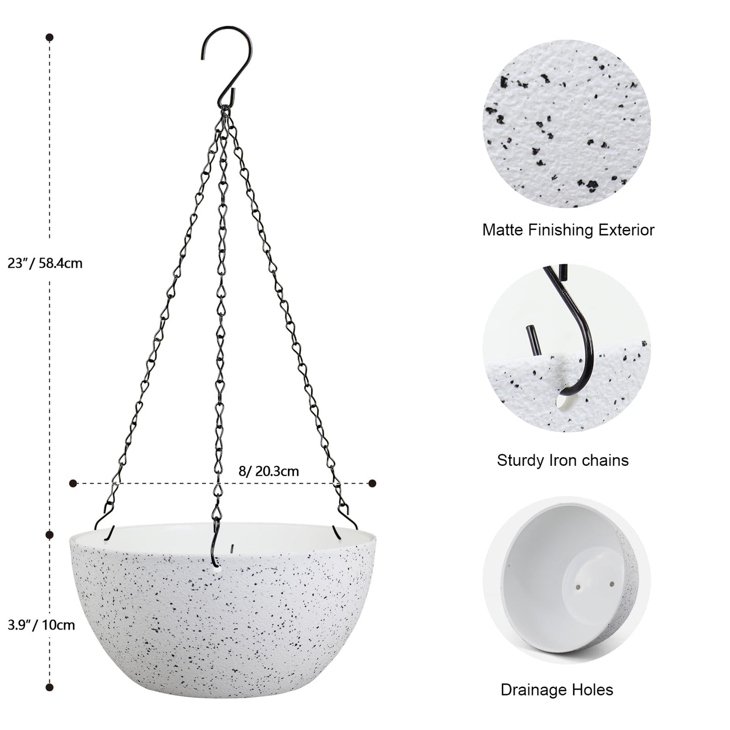 Meowell 8 inch Hanging Planters for Small Indoor Outdoor Plants, 2 Pack Hanging Flower Pots with Drainage Holes and Chain for Garden Porch, Plastic Hanging Baskets for House Plants, Speckled White