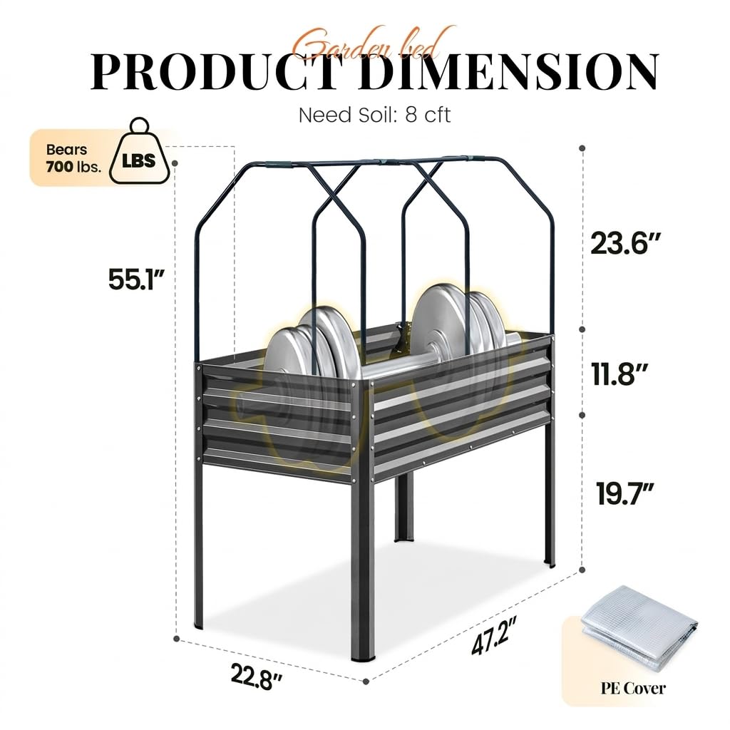 KING BIRD Large Raised Garden Bed with Cover Galvanized Elevated Planter Box with Legs 48×24×56 in for Backyard, Patio, Balcony, 700lb Capacity, Dark Grey
