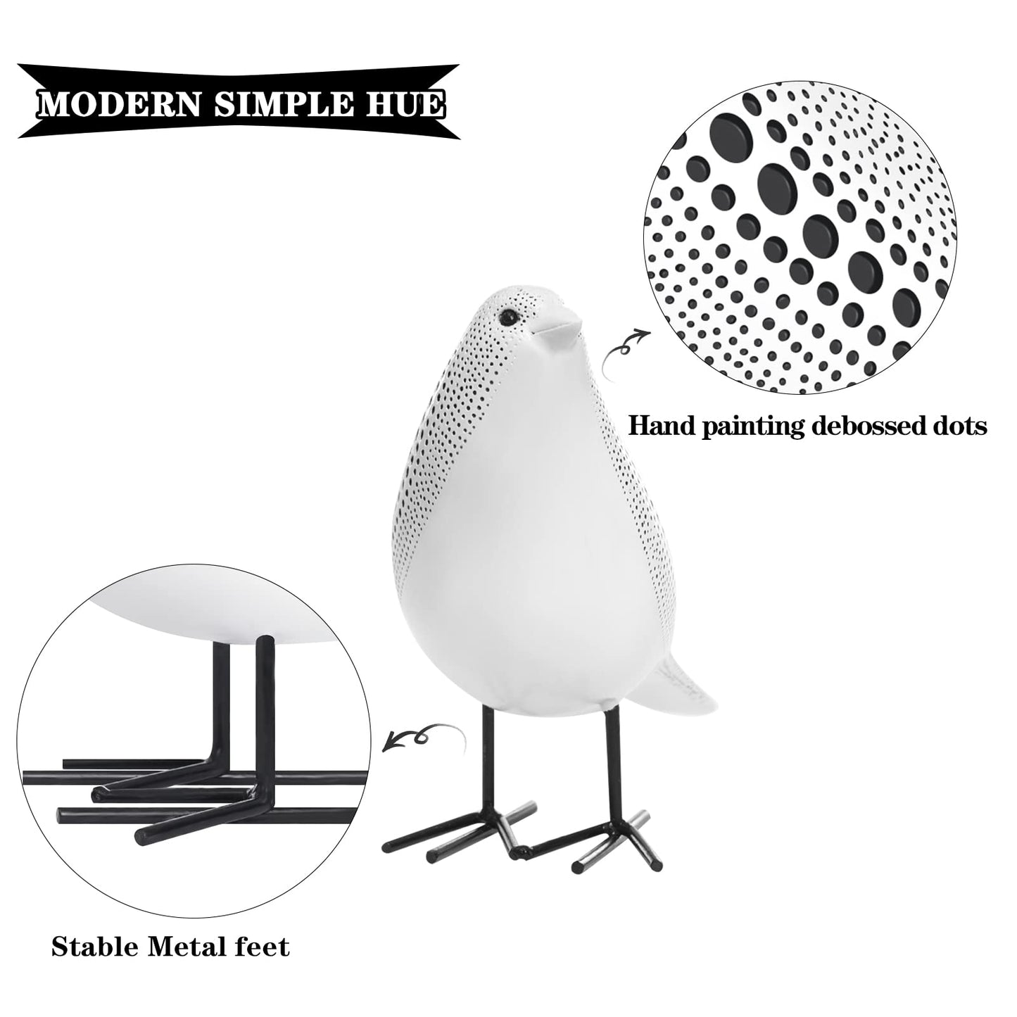 Quoowiit Bird Figurine, Modern Sculpture and Statues for Home Decor, Animal Statues for Bookshelf, Table, Entryway, Fireplace, Resin Decorative Sculpture with Chic Polka Dots Art Design (White)