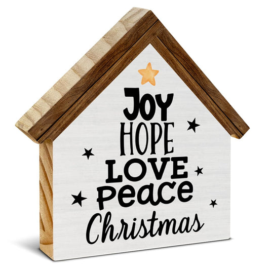 Joy Christmas Sign Decor, Joy Hope Love Peace House Shaped Wooden Sign, Rustic Christmas Decorations for Desk Table Shelf