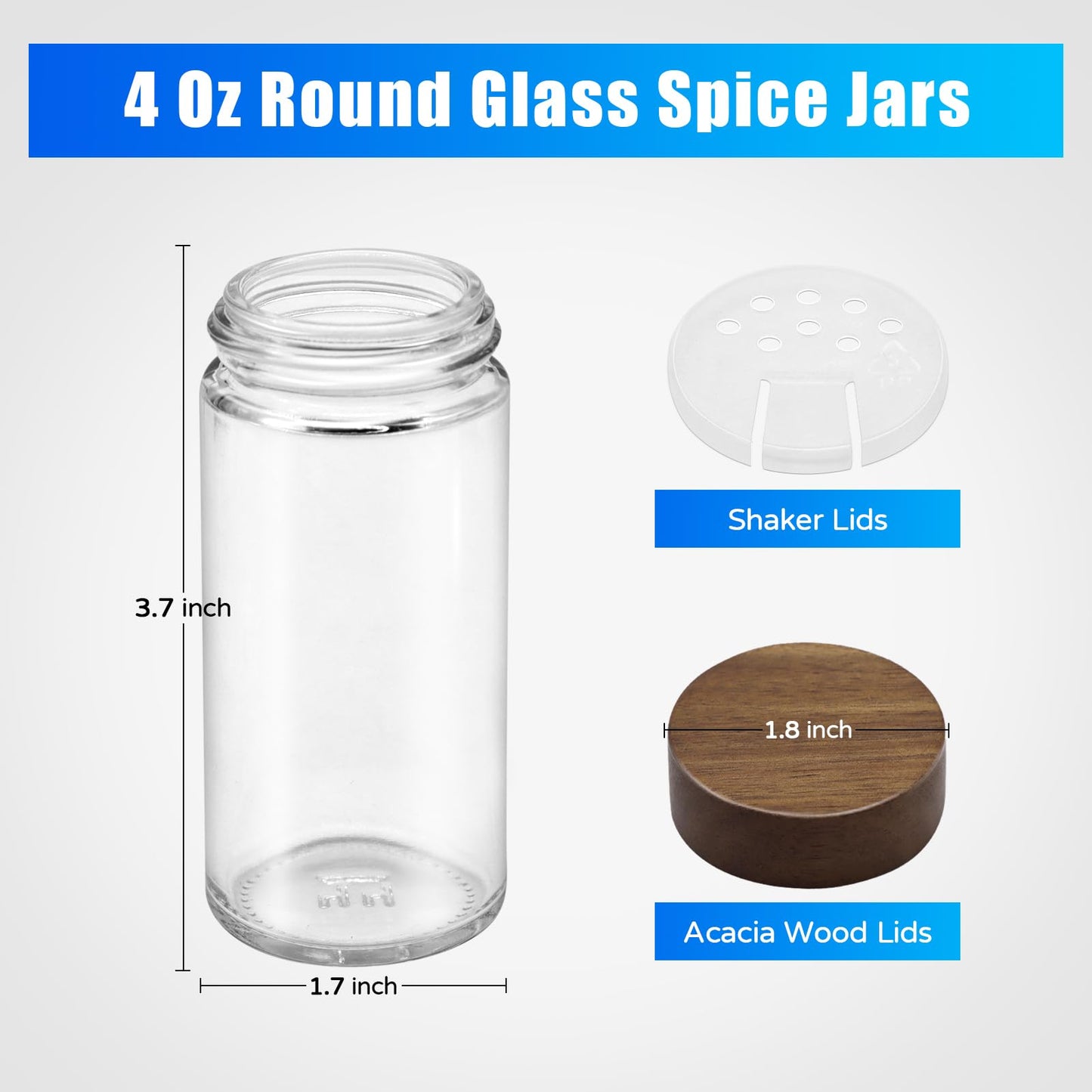 VIBRATITE 30 Pack Spice Jars with Acacia Lids, 4 oz Round Glass Jars Spice Containers Set with Labels, Pen, Funnel, Seasoning Storage Bottles with Shaker Lids for Rack, Cabinet, Drawer