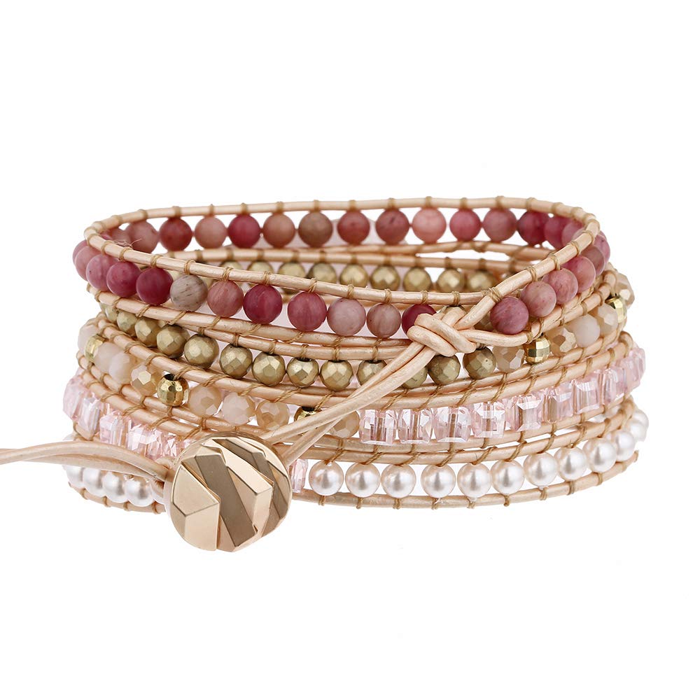 Plumiss Women Rose Quartz Wrap Bracelets Handmade Natural Stone Bead Crystal Hematite Mixed Strand Bracelet Jewelry