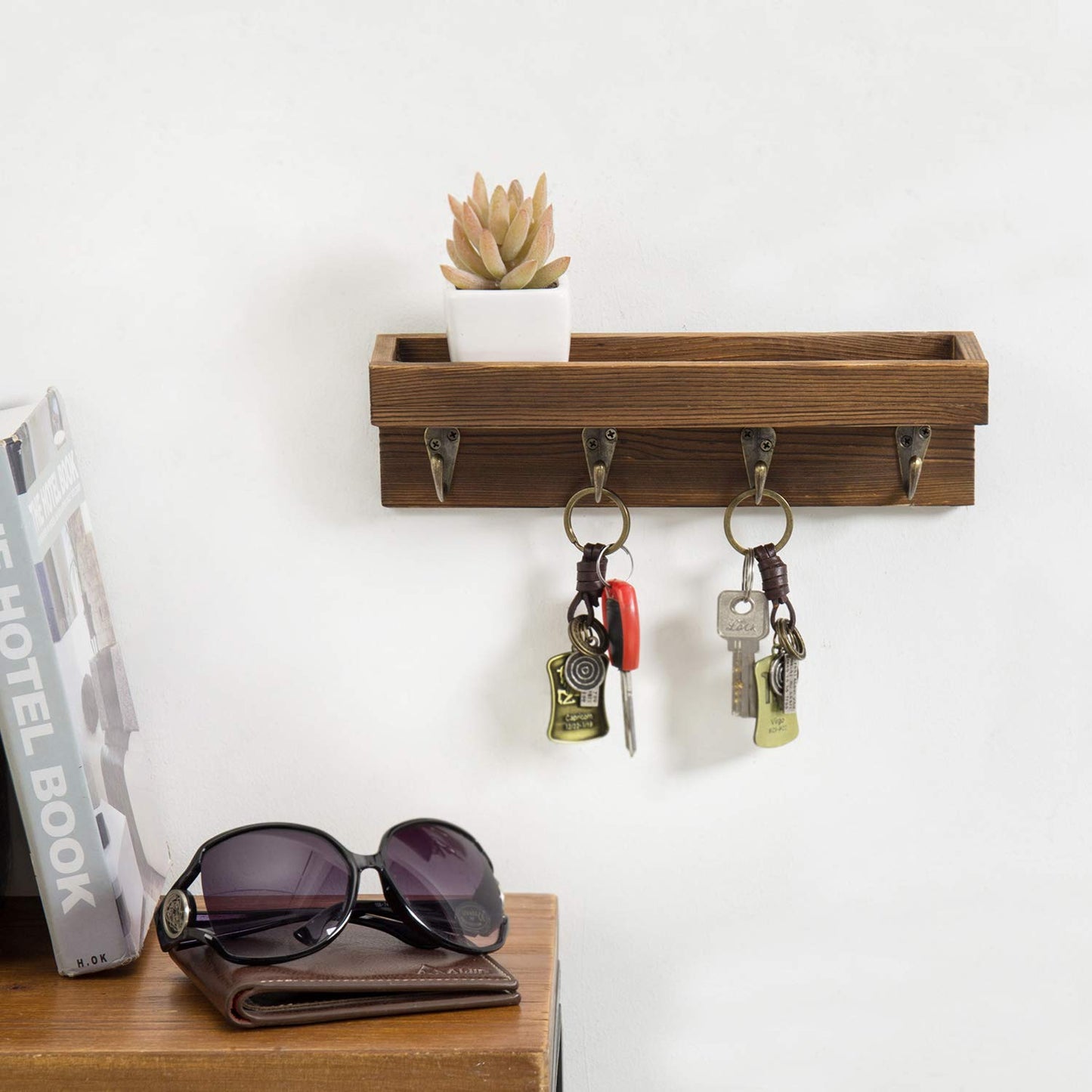 MyGift 10 Inch Floating Wall Shelf with Hooks, Dark Brown Wood Entryway Storage Shelf with 4 Metal Key Hooks