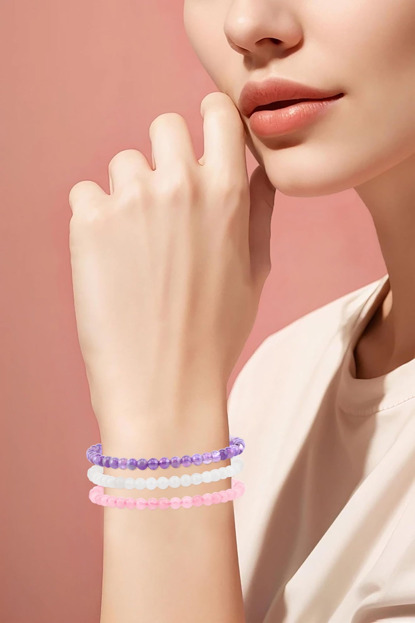 CMBYN 3-Pieces 4mm Natural Crystal Gemstone – ﻿Amethyst, Pink Quartz, White Jade Handmade Reiki Energy Healing Stretch Bracelets Jewelry for Yoga, Meditation, Unisex
