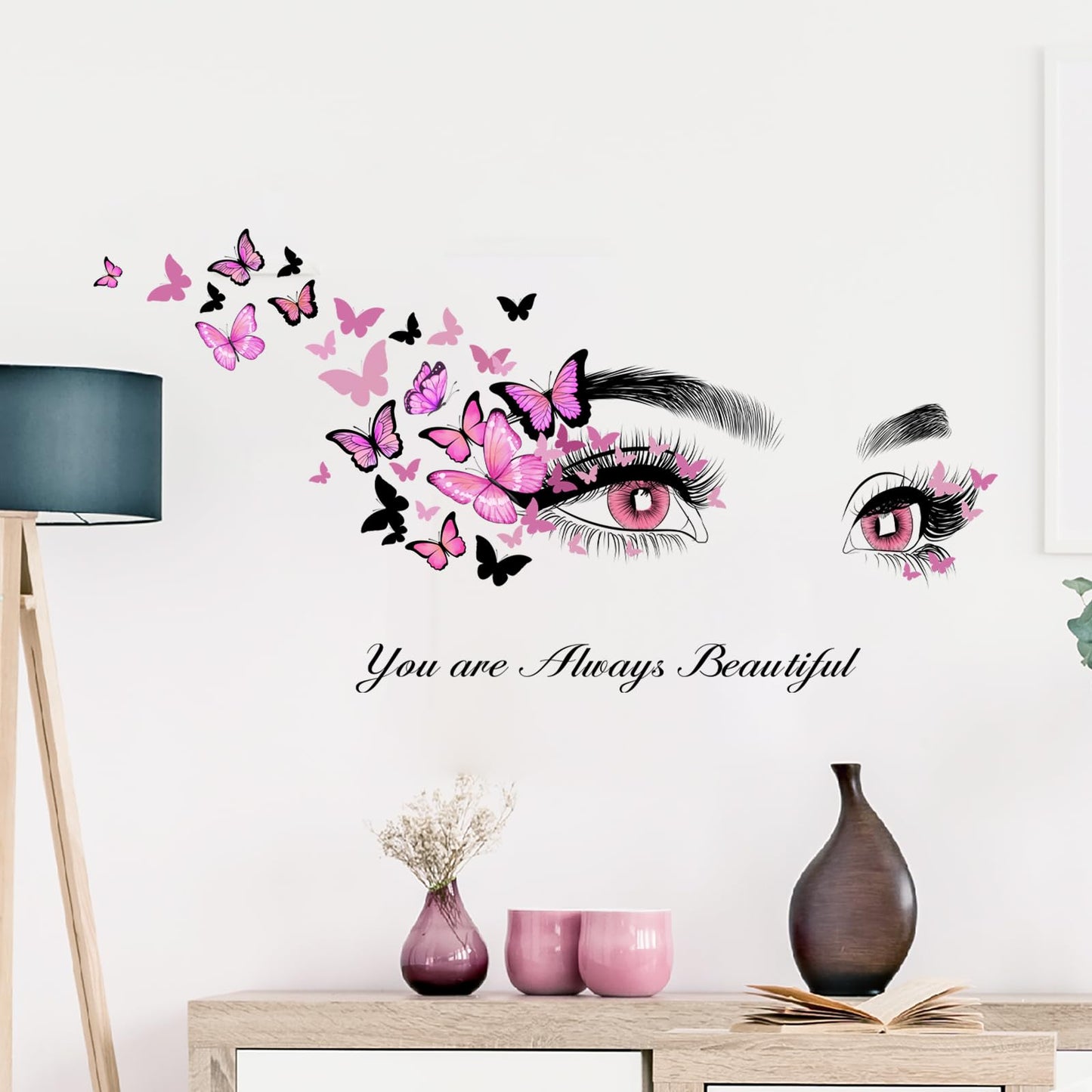 Beautiful Eyelash Eyes Wall Stickers Flying Butterfly Wall Decals You are Always Beautiful Quotes Wall-Decor Vinyl Art Butterflies Decor Stickers for Women Girls Bedroom Living Room Decor