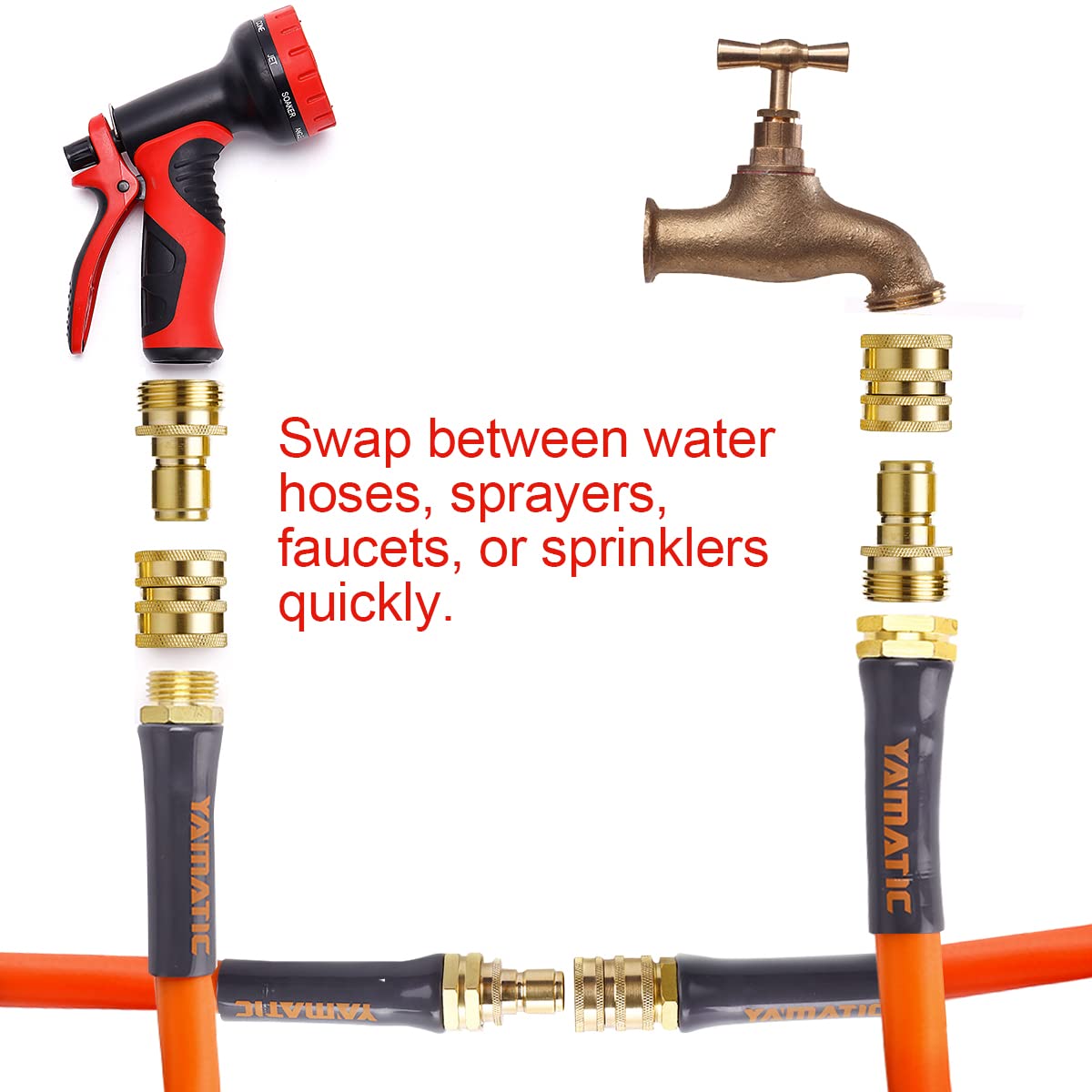 YAMATIC Garden Hose Quick Connect Water Hose Fittings - 3/4" Thread - High Grade Brass Durability and Leak Free Upgrade(4 PACK)