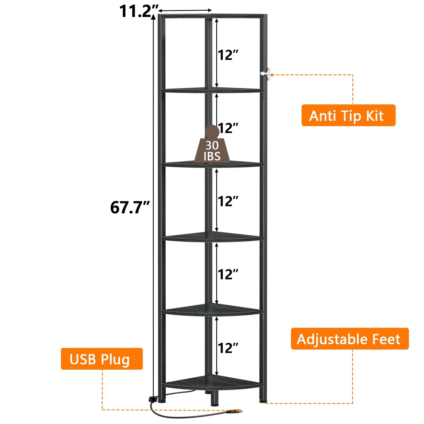 Furnulem 6 Tier Corner Shelf with LED Light, 67.5” Tall Standing Shelf Organizer, Black Narrow Bookshelf with Storage Rack for Wall Corner, Living Room, Bedroom, Metal Frame, Wood Display Shelf