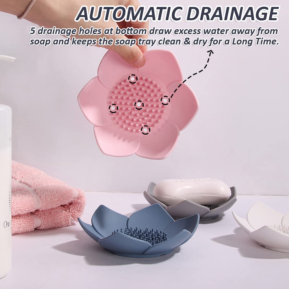 Soap Dishes with Draining, Bathroom Bar Soap Holder for Shower, Soap Tray for Kitchen Sink, Silicone Flower Shape Soap Saver for Counter, Bathtub. Extend Soap Life, Easy Dry (2 Pack, Pink + Blue)