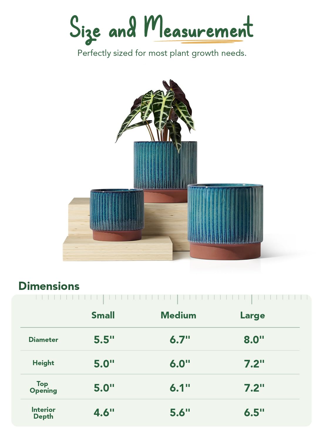 LE TAUCI Ceramic Plant Pots with Drainage Holes, Set of 3, 8+6.7+5.5 Inch Stripe Garden Planter Pots for Outdoor Indoor Plants Flower, Round Succulent Orchid Flower Pot, Reactive Glaze Green