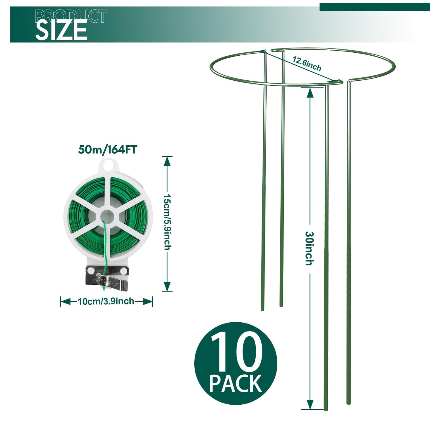 LKSSZS 10 Pack 30 Inch Plant Support Stakes, Heavy-Duty Half Round Peony Support Ring Cage, Metal Garden Plant Stakes for Outdoor Plants - Peony, Tomato, Hydrangea with Cuttable Plant Ties