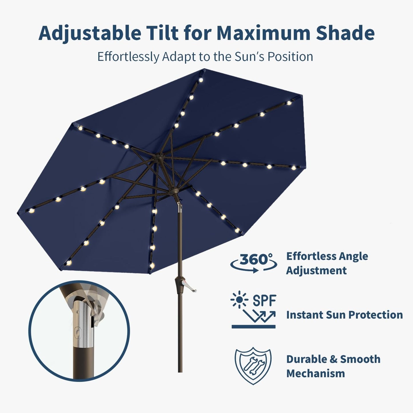 Patio Kingdom 9FT Solar Umbrella 32 LED Lighted Patio Umbrella Table Market Umbrella w/Tilt and Crank, UV-Resistant Outdoor Umbrella for Pool, Garden, Deck, Navy Blue