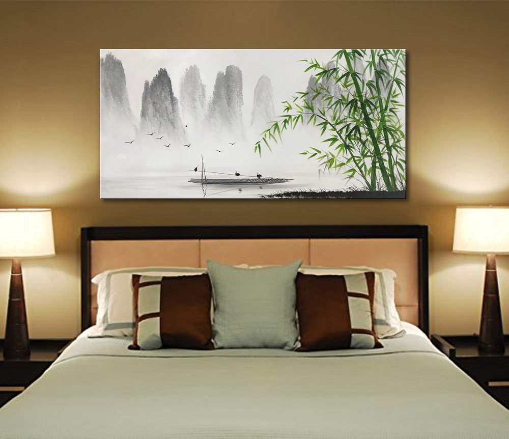 Winpeak Art Traditional Chinese Painting Black and White Landscape Canvas Wall Art Bamboo Artwork