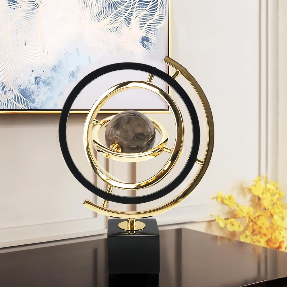 Homary Modern Abstract Art Decoration Metal Globe Ornament Sculpture Decor with Rectangle Stand Black & Gold