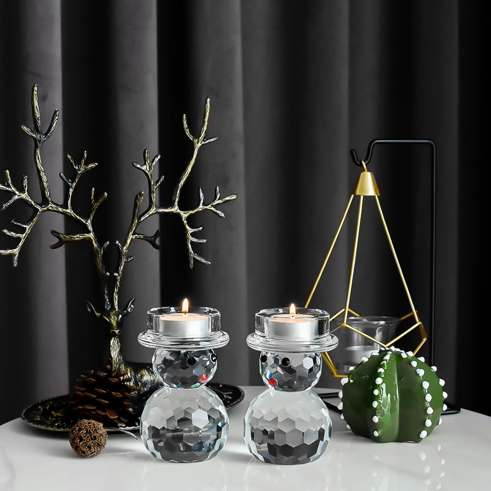 2 Pcs Crystal Christmas Candle Holder Snowman Christmas Candlestick with Cute Shape Home Table Decorations for Winter Xmas Farmhouse Kitchen Decor