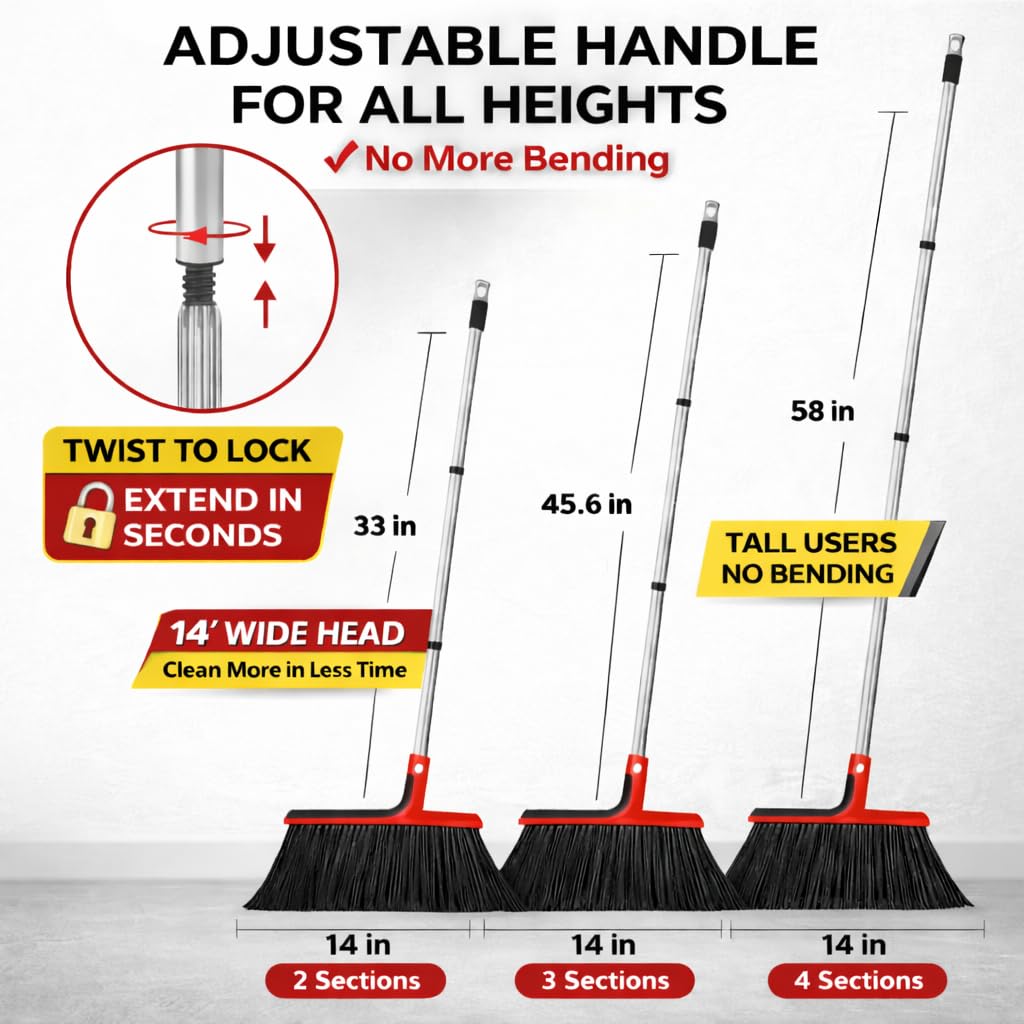 Heavy Duty Angle Broom with 58″ Long Handle, 14″ Wide Stiff Bristles for Indoor & Outdoor Sweeping, Garage, Patio, Deck, Concrete & Debris Removal