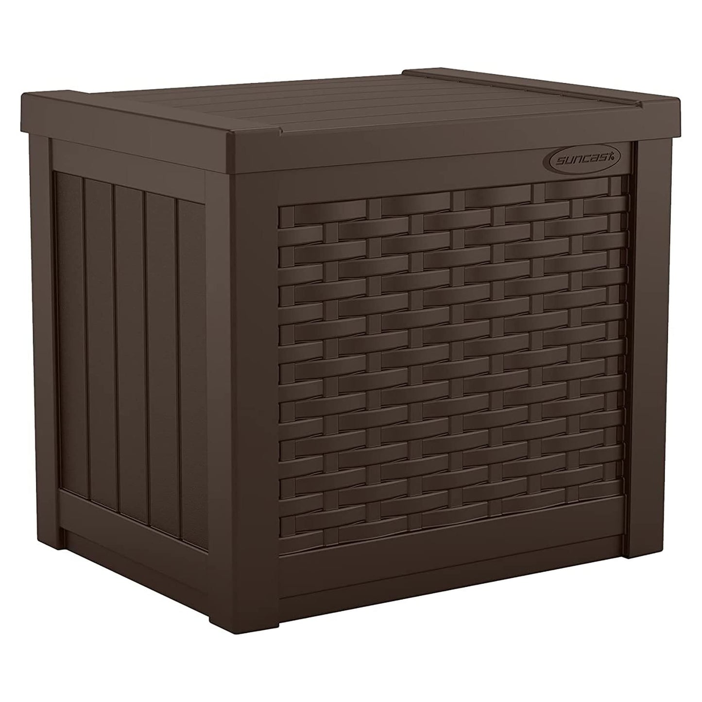Suncast Small Outdoor Storage Box - 22 Gallon Java Resin Outdoor Deck Box, Flat-Lid Bench Seating, Patio Storage Bin Container for Organizing Tools, Cushions for Porch, Deck, Pool, & Garden