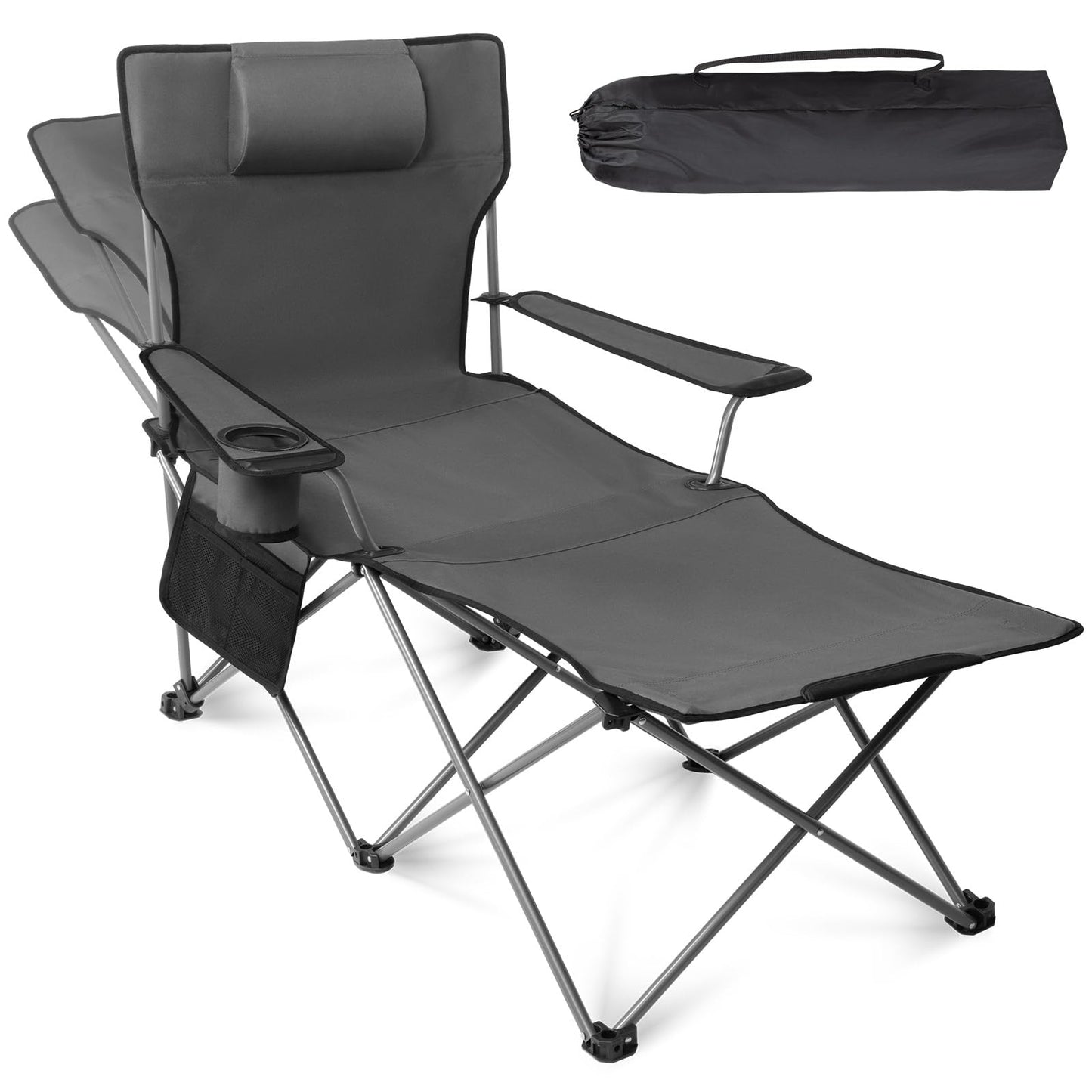apollo walker Reclining Beach Chair, Adjustable 90-135° Backrest Camping Lounge Chairs for Adults, 6-Legged Folding Chair with Foot Rest & Detachable Pillow, Includes Carry Bag, Grey